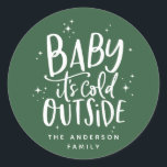 Baby its cold outside holiday classic round sticker<br><div class="desc">Baby its cold outside stickers. Hand written script text,  snow,  stars. Ideal for wedding decor,  bridal or baby showers,  Christmas and new years parties,  birthday parties and general winter events. Colour can be changed.</div>
