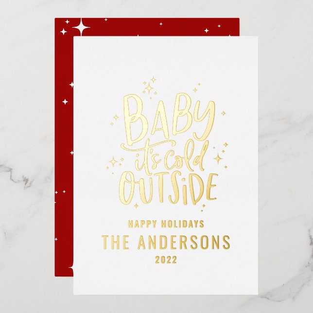 Baby its cold outside modern minimal Christmas red Foil Holiday Card (Front/Back)