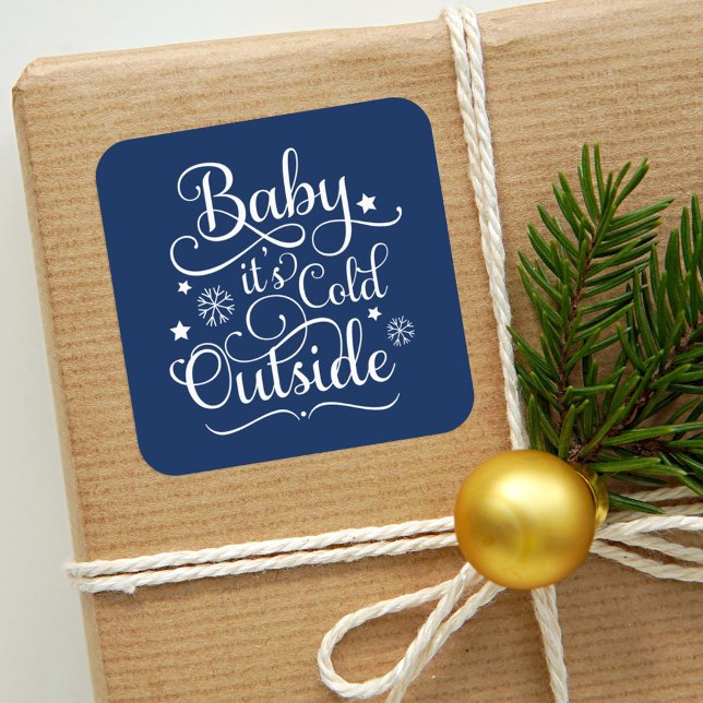 Baby Its Cold Outside Navy Blue Script Holiday Square Sticker (Creator Uploaded)