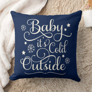 Baby Its Cold Outside Navy Blue Script Holiday Throw Pillow