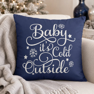 Baby It's Cold Outside Navy Blue Script Holiday Throw Pillow
