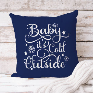Baby It's Cold Outside Navy Blue Script Holiday Throw Pillow