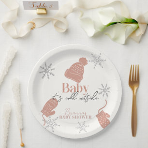 Baby It's Cold Outside Pink Beanie Baby Shower Paper Plate