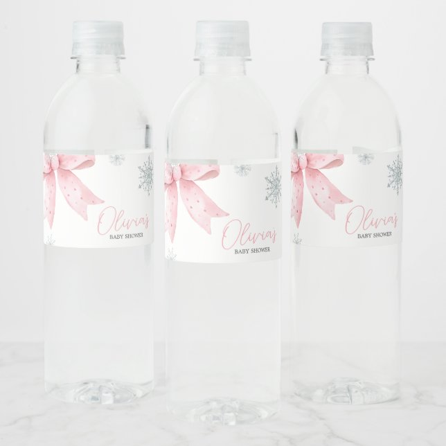 Baby Its Cold Outside Pink Bow Baby Shower Water Bottle Label (Bottles)