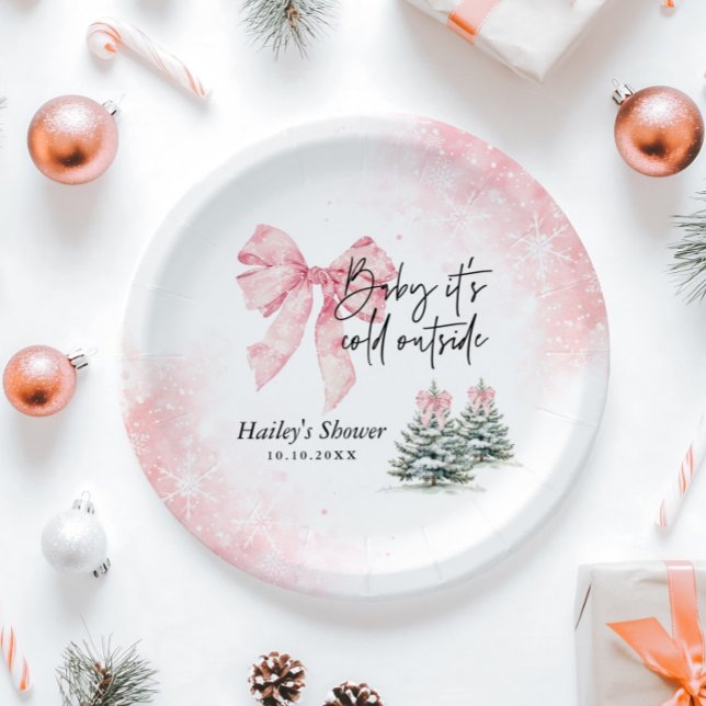 Baby Its Cold Outside, Pink Bow Winter Baby Shower Paper Plate (Creator Uploaded)