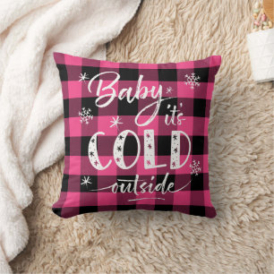 Baby It's Cold Outside Pink Buffalo Plaid Throw Pillow