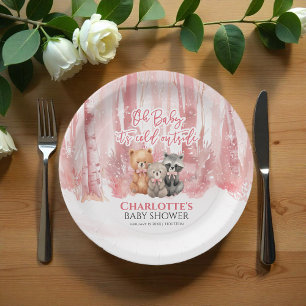 Baby it's cold outside Pink Forest Baby Shower Paper Plate