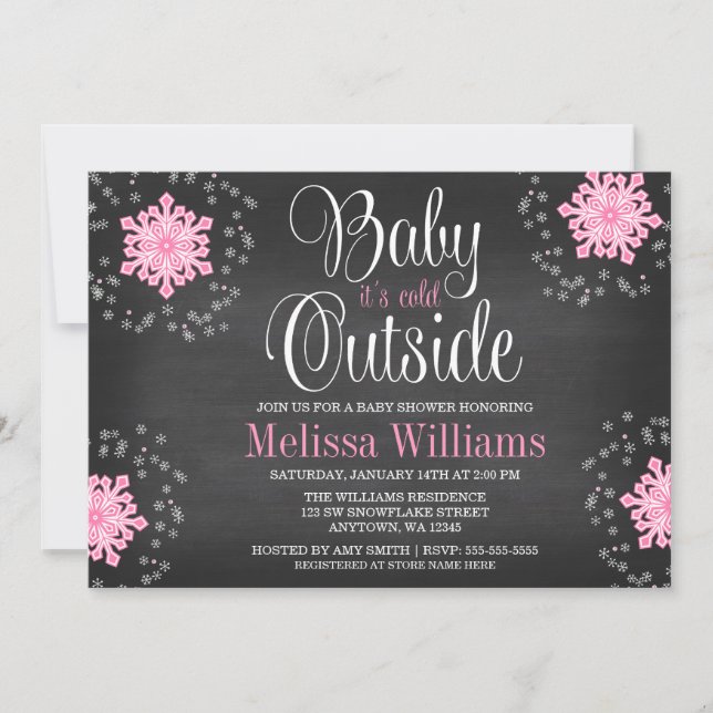 Baby It's Cold Outside Pink Snowflakes Baby Shower Invitation (Front)