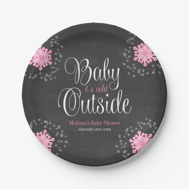 Baby It's Cold Outside Pink Snowflakes Baby Shower Paper Plate (Front)