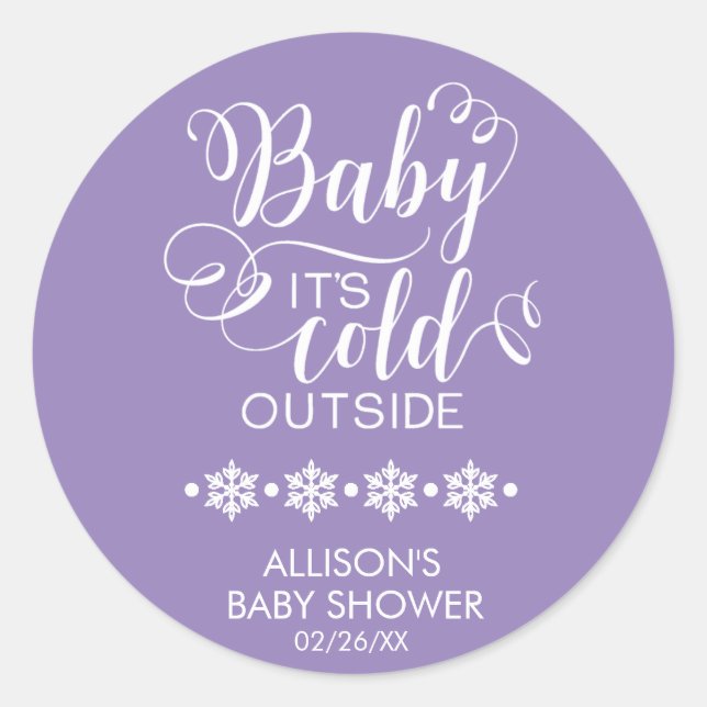 Baby It's Cold Outside Purple Baby Shower Sticker (Front)