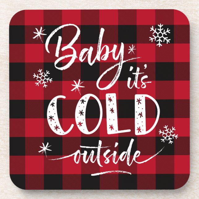 Baby It's Cold Outside Red Buffalo Plaid  Beverage Coaster (Front)