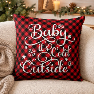 Baby Its Cold Outside Red Plaid Christmas Throw Pillow