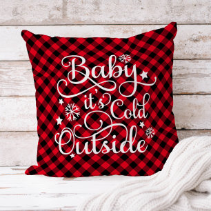 Baby Its Cold Outside Red Plaid Christmas Throw Pillow