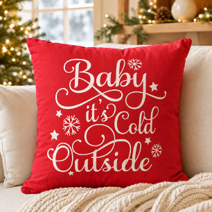 Baby It's Cold Outside Red Script Holiday Throw Pillow