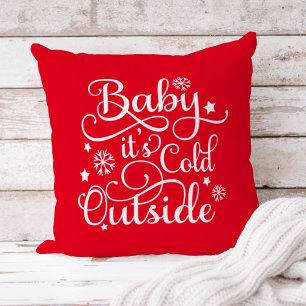 Baby It's Cold Outside Red Script Holiday Throw Pillow