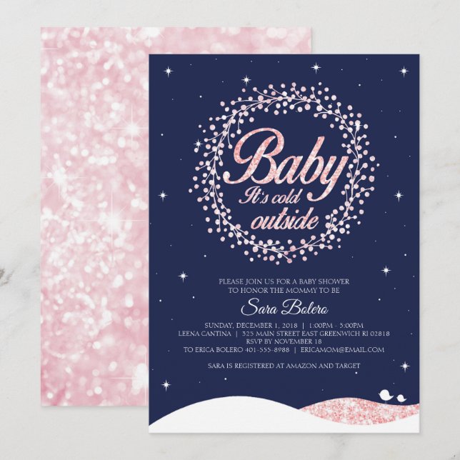 Baby It's Cold Outside Shower Navy Pink Sparkle Invitation (Front/Back)