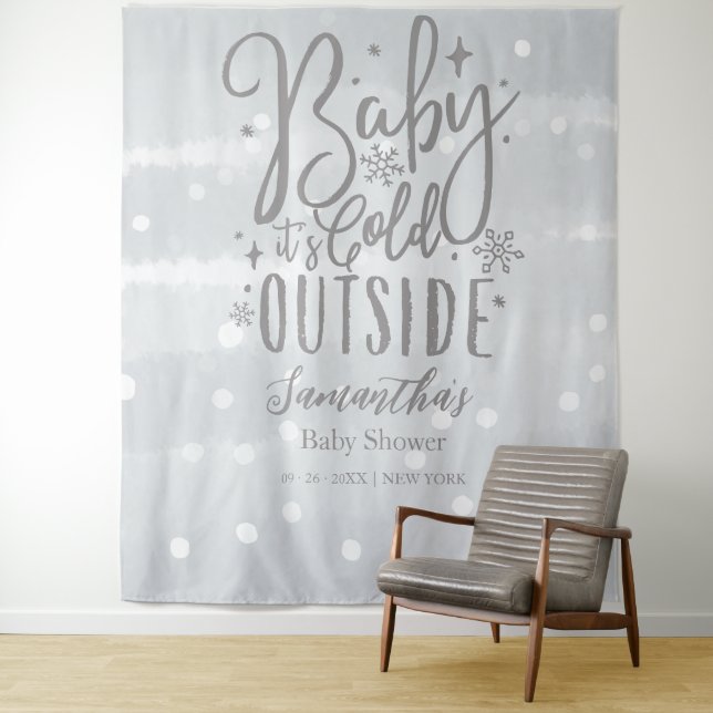 Baby It's Cold Outside Silver Baby Shower Backdrop Tapestry (In Situ)