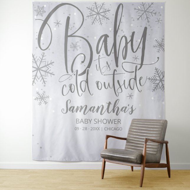 Baby It's Cold Outside Silver Baby Shower Backdrop Tapestry (In Situ)