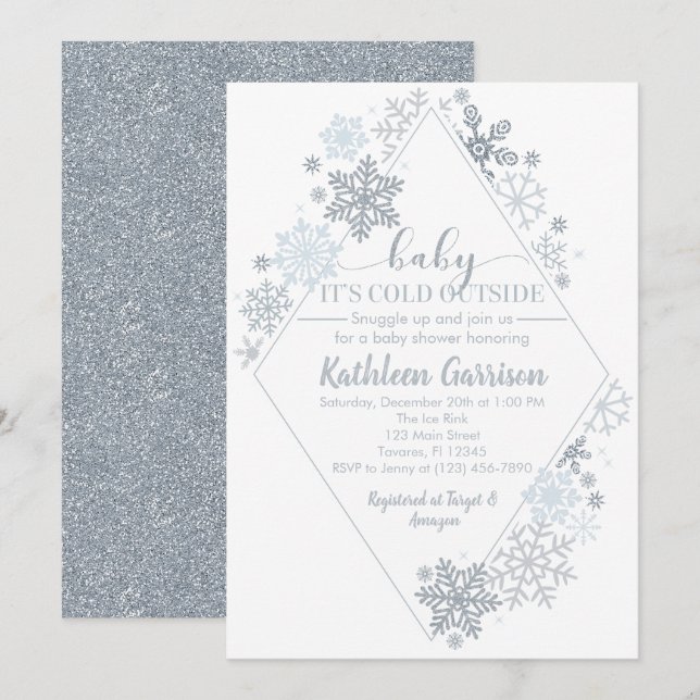 Baby It's Cold Outside Silver Snowflake Shower Invitation (Front/Back)