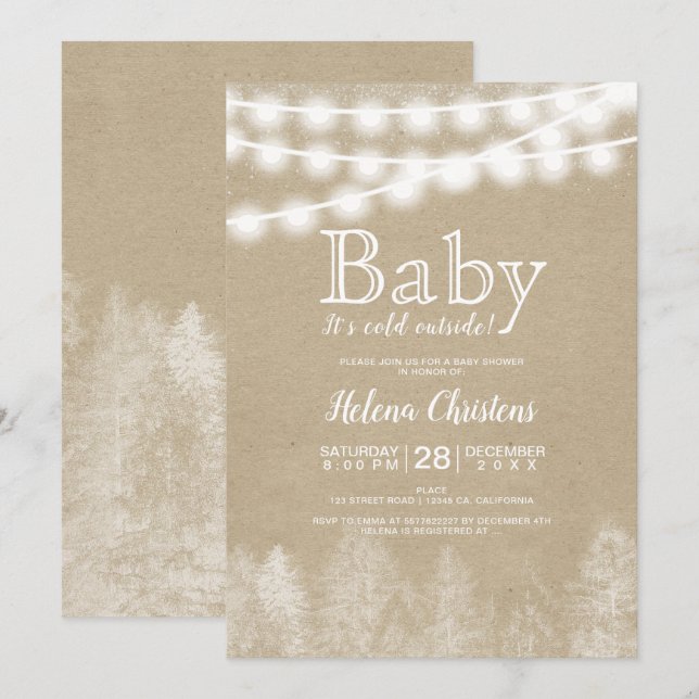 Baby it's cold outside string light pine forest invitation (Front/Back)