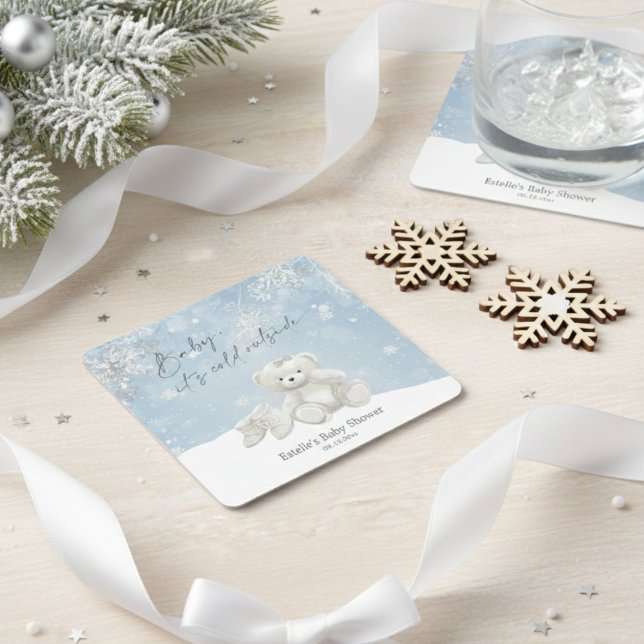 Baby, It's Cold Outside Teddy Bear Winter Accent Square Paper Coaster (Creator Uploaded)