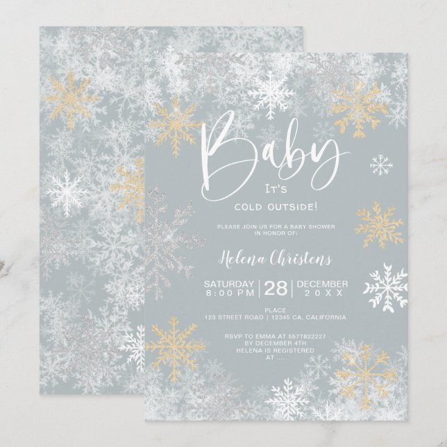 Baby it's cold outside white gold silver snow grey invitation (Front/Back)