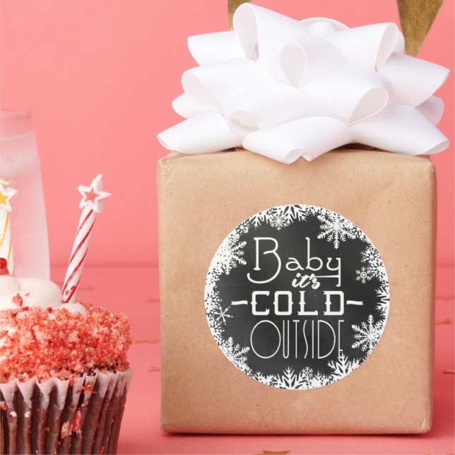 Baby Its Cold Outside White Snowflakes Blackboard Classic Round Sticker (Party)