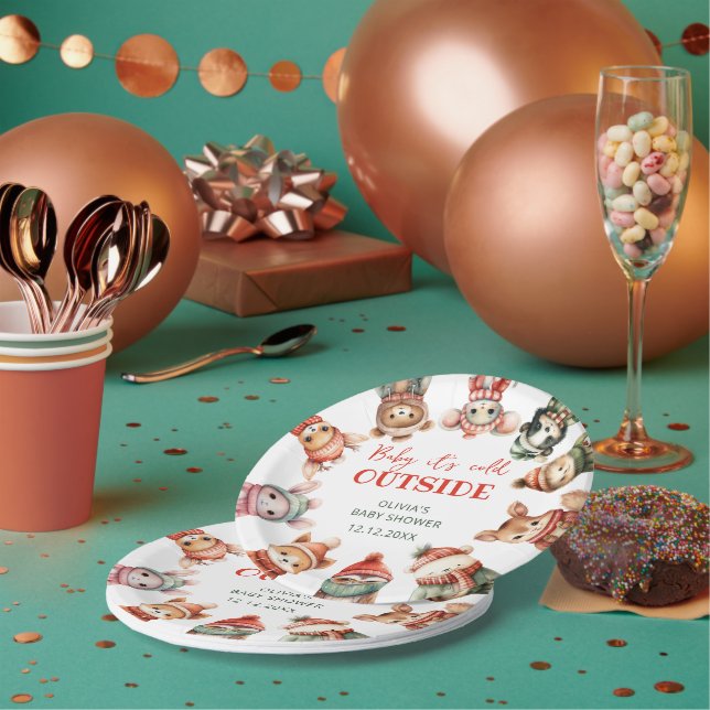 Baby It's Cold Outside Winter Animals Baby Shower Paper Plate (Multi)