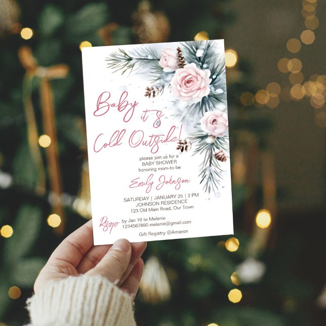 Baby it's cold outside winter baby shower pastel invitation (Baby it's cold outside pastel pink roses snowy pinecones pines winter baby shower invitation)