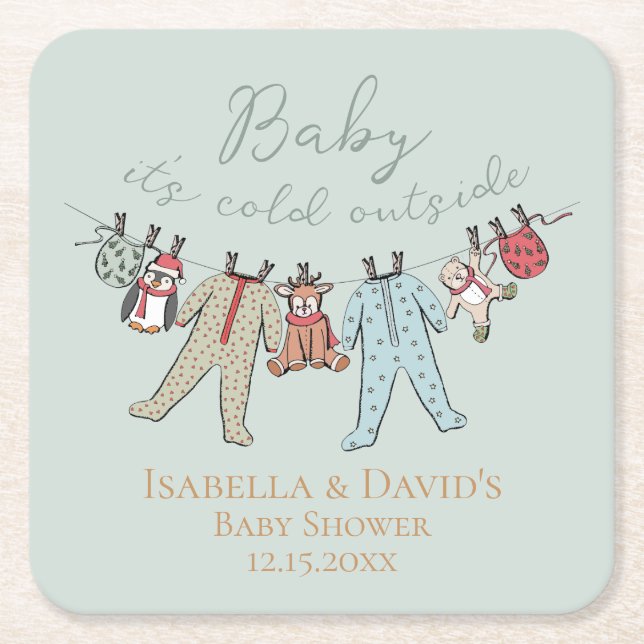 Baby Its Cold Outside Winter Baby Shower Square Paper Coaster (Front)