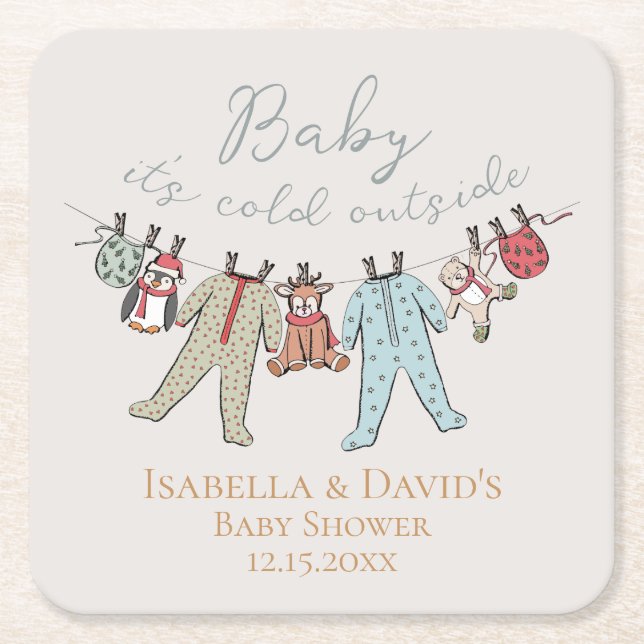 Baby Its Cold Outside Winter Baby Shower Square Paper Coaster (Front)