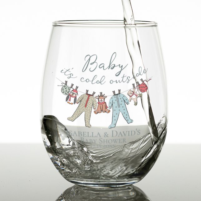 Baby Its Cold Outside Winter Baby Shower Stemless Wine Glass (Cute Gender Neutral Winter Baby Christmas Baby it's cold outside Baby Shower Wine Glass. Typography)