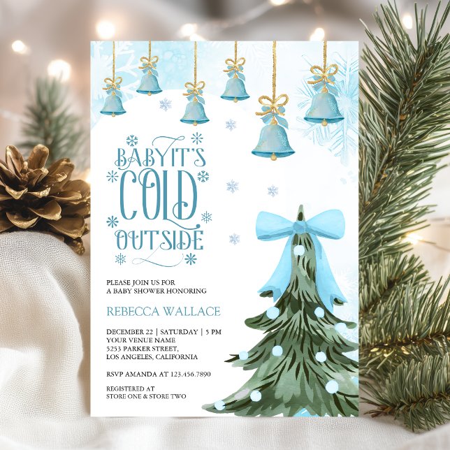 Baby It's Cold Outside Winter Blue Bow Baby Shower Invitation (Creator Uploaded)