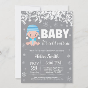Baby its Cold Outside Winter Blue Boy Baby Shower Invitation