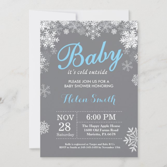 Baby its Cold Outside Winter Blue Boy Baby Shower Invitation (Front)