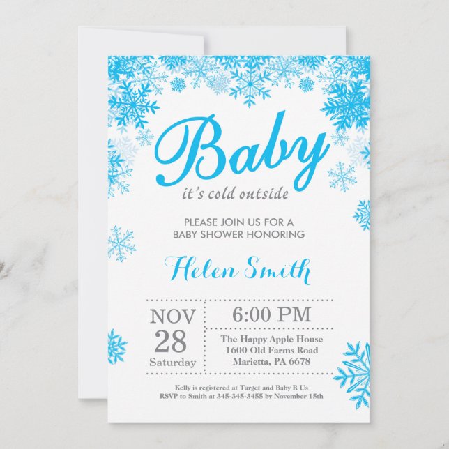Baby its Cold Outside Winter Blue Boy Baby Shower Invitation (Front)