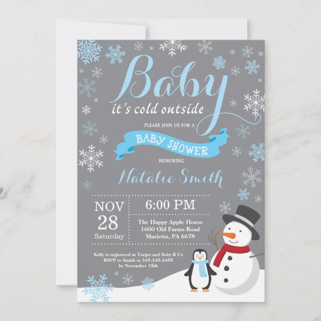 Baby Its Cold Outside Winter Boy Baby Shower Blue Invitation (Front)