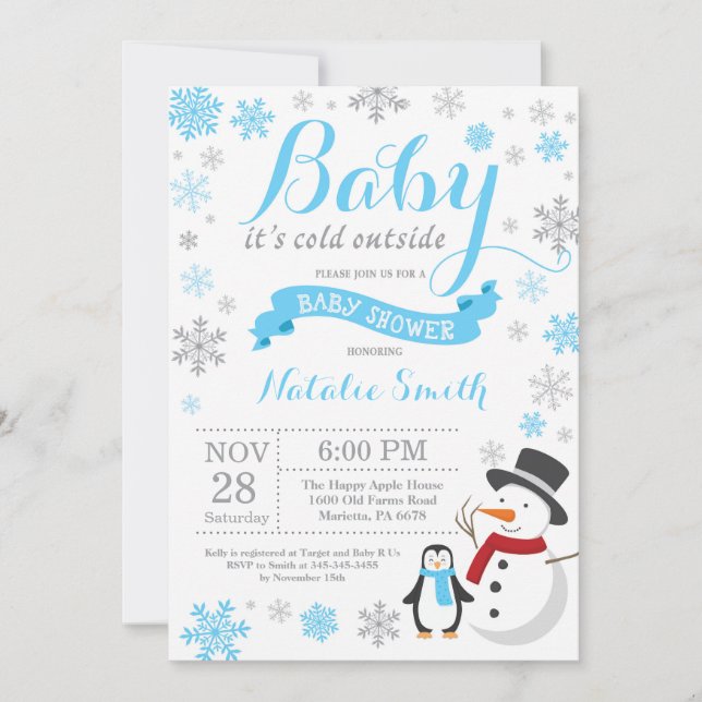 Baby Its Cold Outside Winter Boy Baby Shower Blue Invitation (Front)