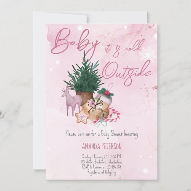 Baby It's Cold Outside winter forest baby girl Invitation (Front)