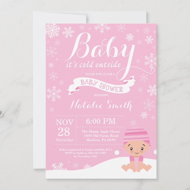 Baby Its Cold Outside Winter Girl Baby Shower Pink Invitation (Front)