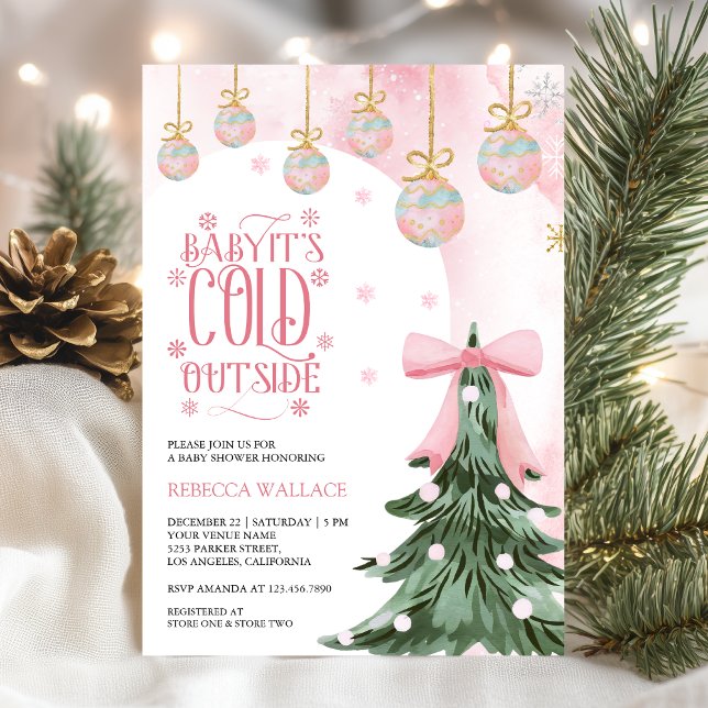 Baby It's Cold Outside Winter Pink Bow Baby Shower Invitation (Creator Uploaded)