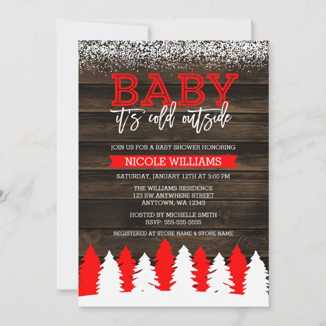 Baby It's Cold Outside Winter Snow Red Baby Shower Invitation (Front)