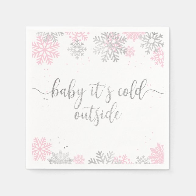 Baby Its Cold Outside Winter Snowflake Pink Silver Napkin (Front)