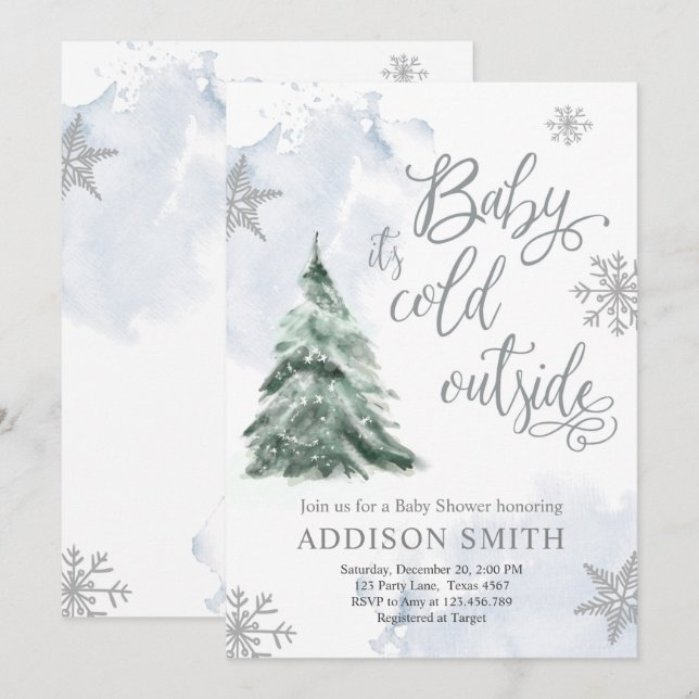 Baby It's Cold Outside Winter Tree Boy Baby Shower Invitation (Front/Back)