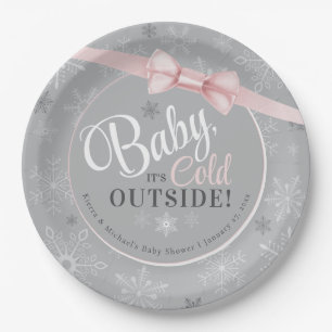 Baby It's Cold Pink Grey Snowflake Girl Shower Paper Plate