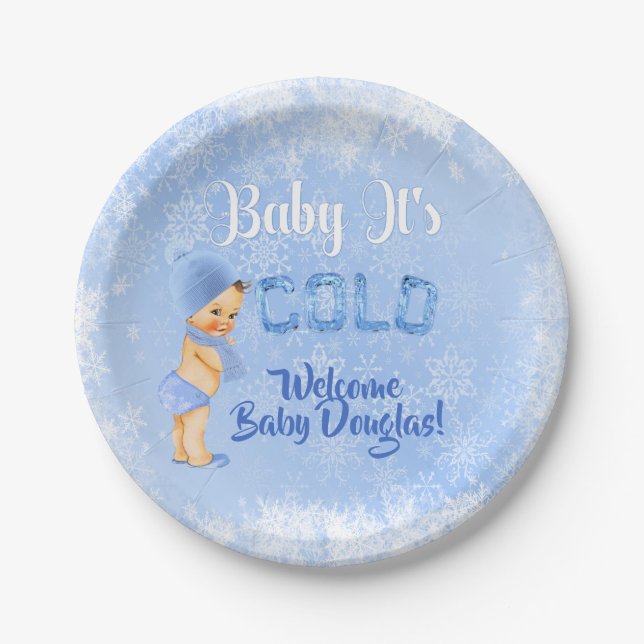 Baby It's Cold Snowflake Winter Blue Boy Shower Paper Plate (Front)