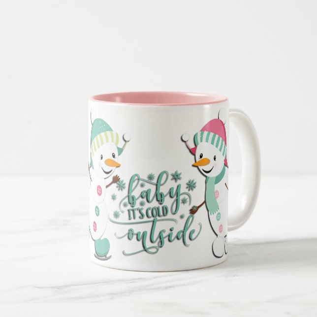 Baby Its Cold Snowmen Two-Tone Coffee Mug (Front Right)