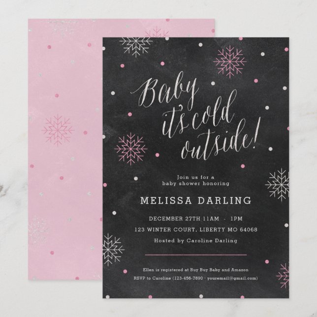 Baby It's Cold Winter Baby Shower Pink Chalkboard Invitation (Front/Back)