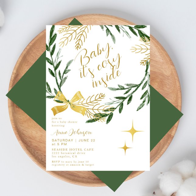 Baby It's Cosy Inside Winter Botanical Gold Shower Invitation (Creator Uploaded)