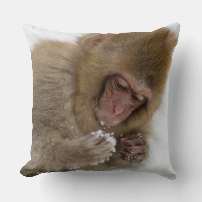 Baby Japanese Macaque | Snow Monkey Throw Pillow (Front)